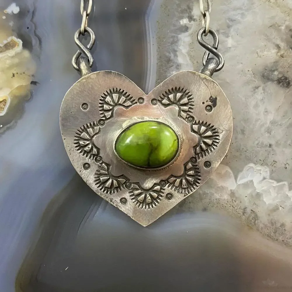 Marie Tsosie Sterling Silver Oval Sonora Gold Turquoise Stamped Heart Necklace - Picture 1 of 10